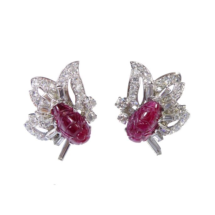   Cartier - Pair of carved ruby and diamond cluster earrings | MasterArt